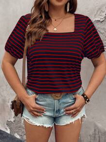 SHEIN LUNE 大码黑白条纹方领短袖皱褶套头 T 恤