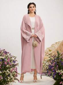 Al Najma Women's Elegant Pearl Studded Batwing Sleeve Arabian Abaya, Modest Robe - Pink - View 6