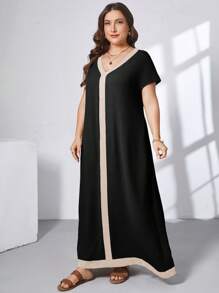 SHEIN Essnce 大码女式撞色 V 领短袖口袋休闲宽松连衣裙 - 黑色 - 查看 5