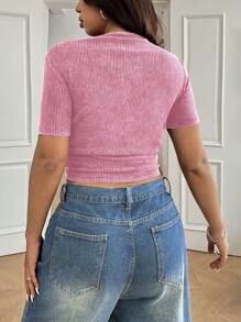 SHEIN EZwear Plus Size Distressed Ribbed Ruched Waist Short Sleeve T-Shirt - Hot Pink - View 3