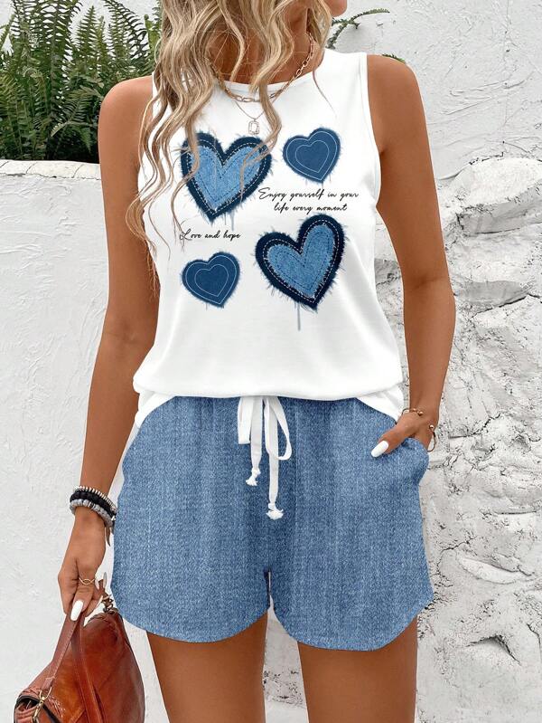 SHEIN LUNE Set 2 buc. Ținute casual simple, cu imprimeu inimioare cu textura, potrivite pentru vară