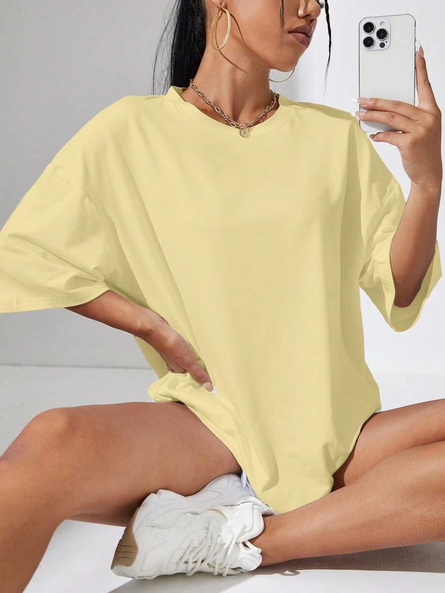INAWLY Women Solid Color Round Neck Dropped Shoulder Casual Loose T-Shirt - Yellow - View 1
