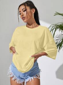 INAWLY Women Solid Color Round Neck Dropped Shoulder Casual Loose T-Shirt - Yellow - View 4