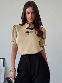 Firerie 女士优雅浪漫约会泡泡袖撞色纽扣衬衫，春夏，情人节 - 卡其色 - 查看 4