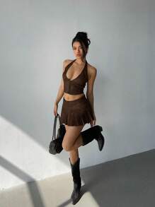 Aloruh Bộ 2 món/bộ đồ nữ áo crop top chữ V sâu gợi cảm bằng da PU giặt theo phong cách retro + chân váy mini xếp ly cạp siêu thấp, đa năng cho hoạt động ngoài trời, lễ hội âm nhạc - Cà phê nâu - Xem 4
