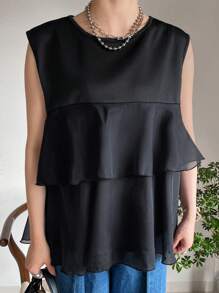 FRIFUL Women's Layered Ruffle Hem Sleeveless Casual Solid Color T-Shirt, Summer - Black - View 3