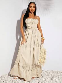 SHEIN SXY Vestido largo elegante con diseño de halter con pliegues y corte en A, de estilo occidental, de tela de lino sintética de color gris topo, para mujer, ideal para primavera, verano, vacaciones, boda, Día de San Valentín