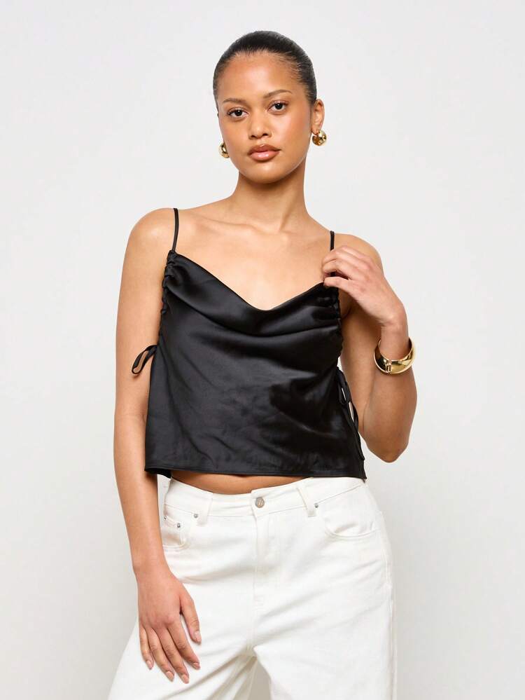 Satin Cowl Neck Tank Top With Side Ruching Adjustable Straps