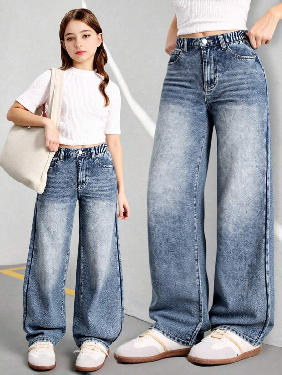 Tween Girls' Vintage Casual Loose Fit Distressed Denim Wide Leg Jeans, Comfortable Versatile College Style - Medium Wash - View 1