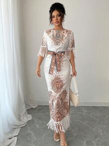 Rafferiza Round Neck Side Slit Hem Print Long Dress For Women - White - View 5