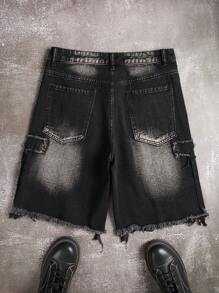 Manfinity EMRG 男士黑色休闲宽松牛仔短裤，带口袋和磨边，百搭牛仔短裤