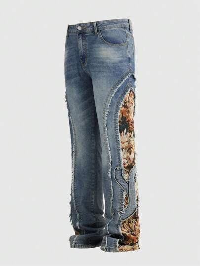 Street Life Herren Jeans mit Jacquard Patchwork und abgenutzten Kanten