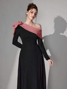 Poshira Women's Elegant Asymmetrical Neck Long Sleeve Evening Gown Dress Luxurious Women's Evening Dresses Black Dress Soft Dress, Party Dress, Prom Dress