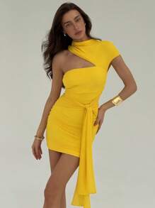 Aloruh Nuovo mini abito aderente asimmetrico a una spalla di colore giallo, con design che stringe in vita, sexy e alla moda