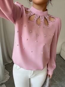 Modelyn 女士宽松泡泡珠领撞色材质拼接长袖衬衫 - 粉色 - 查看 4