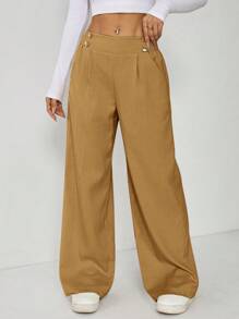 SHEIN PETITE Women's Casual Camel Woven Fabric Long Pants With Zipper Detail And Wide Leg Fit - Camel - View 7