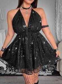 Flirla Grunge Punk Plus Size Sequin Embroidered Backless Halter Dress, Suitable For Music Festivals - Black - View 5