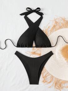 Swim SXY Set de traje de baño de 2 piezas de mujer de unicolor de punto con parte posterior atada para el verano