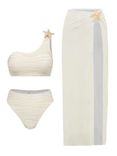 Swim Oasis Summer Beach Vacation Women 2 Pieces Set - Solid Color Wavy Print One Shoulder Metal Starfish Decor Top And High Cut Shorts + Mesh Starfish Decor Skirt Bikini Swimwear