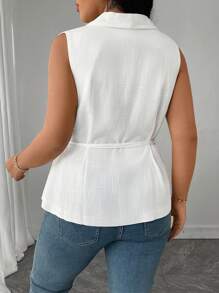 Flirla Áo cánh không tay thắt nút gỗ chéo cổ bẻ thanh lịch dành cho nữ cỡ lớn, mùa xuân/hè - trắng - Xem 2