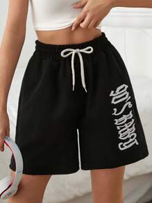 EURMUSE Cottnline Letter Graphic Drawstring Waist Petite Shorts - Black - View 6