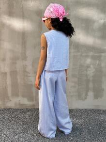 Coolane Kids Tween 女童春夏条纹浅蓝色套装、两件套服装、亲子服装 - 藍色 - 查看 2