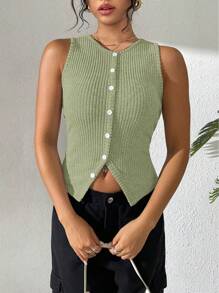 Chiquease Women Casual Skinny Rib Knit Split Back Camisole Green Sage Green Olive Green - Lime Green - View 4