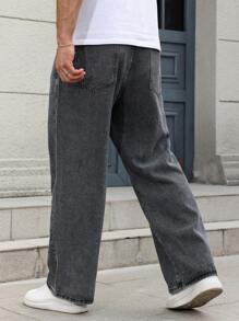 Manfinity Homme 男士加大码灰色牛仔裤：休闲基本款和长款拉链款式，适合日常舒适外出、通勤、工作、都市、emo 风格 - 灰色 - 查看 2