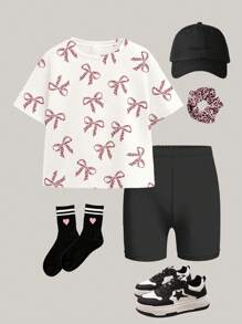SHEIN Leap Crew 2pcs/Set Tween Girl Casual Minimalist Short Sleeve T-Shirt And Shorts Set For Summer - Multicolor - View 3