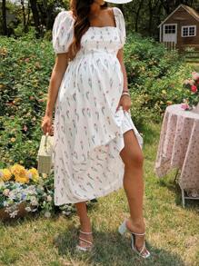 SHEIN 夏季优雅郁金香花卉印花长款孕妇装 - 米色 - 查看 4