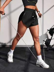 Powerista 女士字母印花系腰日常健身运动短裤 - 黑色 - 查看 5