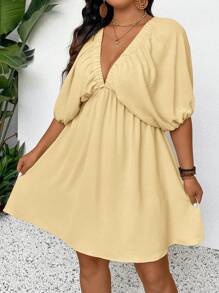 SHEIN Frenchy 舒适灯笼袖中长款 A 字型大码度假休闲短款连衣裙夏季女士连衣裙 - 芥末黃 - 查看 3