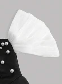 Girlism Teen Girls Black & White Color Block Off Shoulder Pearls Embellished Dress,Wedding,Suitable For Dates, Parties, Festivals, Banquets, Brunch Outfits, Birthday Occasions,New Years,Homecoming, Prom - Black and White - View 3