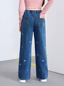 SHEIN Tween Girls Y2K Style Washed Blue Loose Playful Heart Embroidery Straight Leg Jeans, Suitable For Daily Fashion Versatile Wear - Dark Wash - View 2