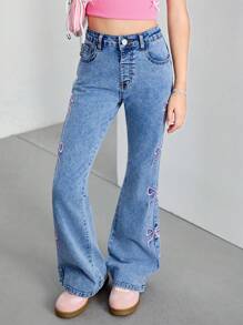 Sparklyn Girls' New Street Fashion Pink Bow Embroidered Elastic Waist Slim Flare Washed Light Denim Jeans, All Season, School, Campus, College Summer Holiday - Light Wash - View 5