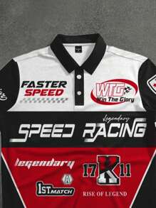 SHEIN Racing Car, Tween Boy Printed Short Sleeve Polo Shirt, Suitable For Summer