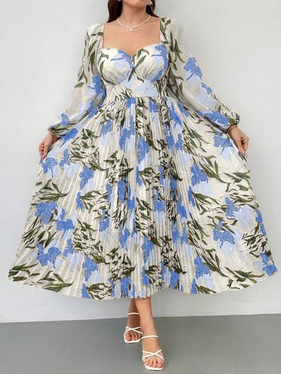 Flirla New Spring/Summer French Style Iris Purple Ditsy Floral Dress, Sweet And Gentle Waist Gathered Pleated Square Neck Midi Dress, Suitable For Beach Vacation