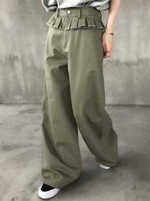 FRIFUL Pantalones anchos de primavera/verano para mujer con cinturilla de volantes y patchwork 2 en 1 - Verde militar - Ver 5