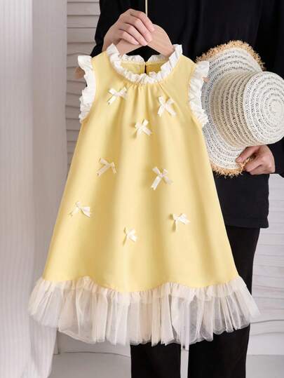SHEIN Genkimix Kids Girl Summer Elegant Mesh Splice Bow Decor A-Line Dress