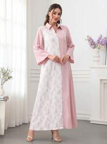 SHEIN Najma Collar Embroidery Applique Contrast Color Floral Patchwork Dress, Modest