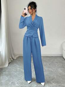 Firerie Women Regular Elegant Solid Color Long Sleeve Wrap Blouse And Pants Set, Suitable For Commute And Business, Spring/Summer/Fall - Blue - View 1