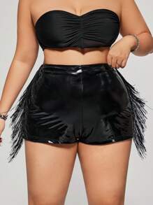SHEIN ICON Women's Summer Fashionable Sexy Solid Color Low-Waist PU Leather Y2K Black Mini Shorts,Music Festival Fringed Shorts,Western Wear Women