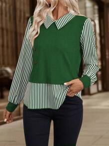 EMERY ROSE Casual Commute Striped Splice 2 In 1 Top - Green - View 5