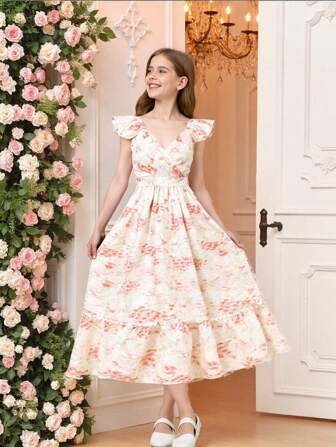 女孩可爱盖袖收腰花卉印花连衣裙，浅蓝色，日常休闲母子装（3 件单独出售）