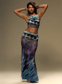 MUSERA Halter Neck Ruched Printed Y2k Cropped Top For Summer, Vacation, Festival Wilden Out Hot Saint Feast - Multicolor - View 4