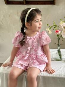 LMoss Kids LMoss   2pcs/Set Baby Girl Woven Striped Bow Decor Round Neck Puff Sleeve Top And Shorts Set,,3D Bow Decor - Pink - View 1