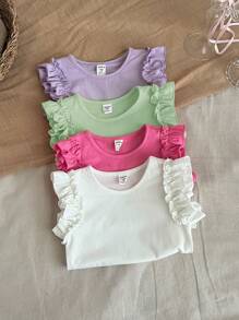 SHEIN LMoss Kids LMoss  4pcs/Set Young Girls' Knitted Solid Color Round Neck Ruffle Hem Fitted T-Shirts, School, Campus, College - Green - View 5