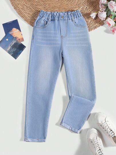 Tween 女童蓝色休闲荷叶边腰宽松喇叭腿牛仔裤