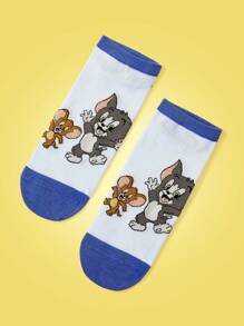 TOM & JERRY X SHEIN 1 Pair Women's Contrast Color Cartoon Mouse & Cat Pattern Ankle Socks - Blue - View 2