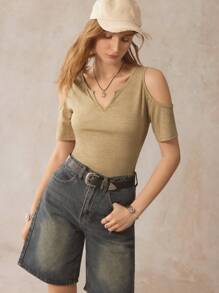 SHEIN LUNE Cold Shoulder Notched Neck Tee - Khaki - View 4